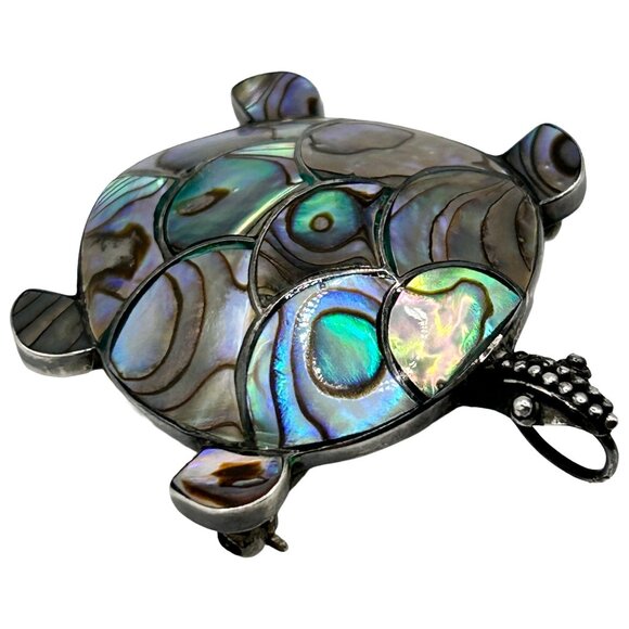 Vintage 925 Sterling Silver and Abalone Turtle Shell Pendant Brooch Pin - Picture 2 of 5